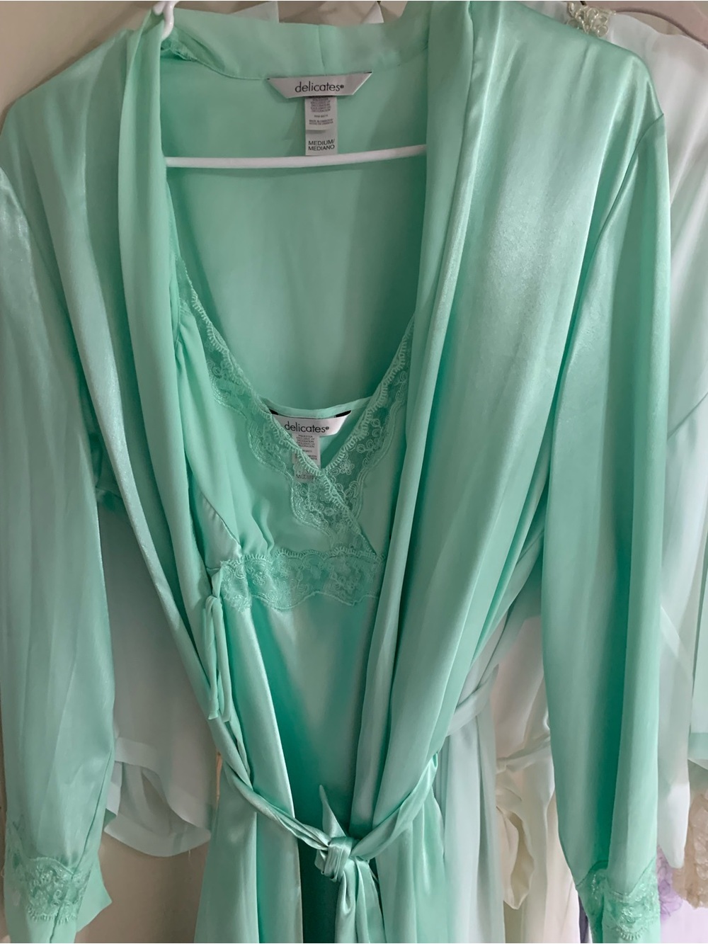 delicates is Mint Green Satin Robe and Lace-Trim Chemise Set